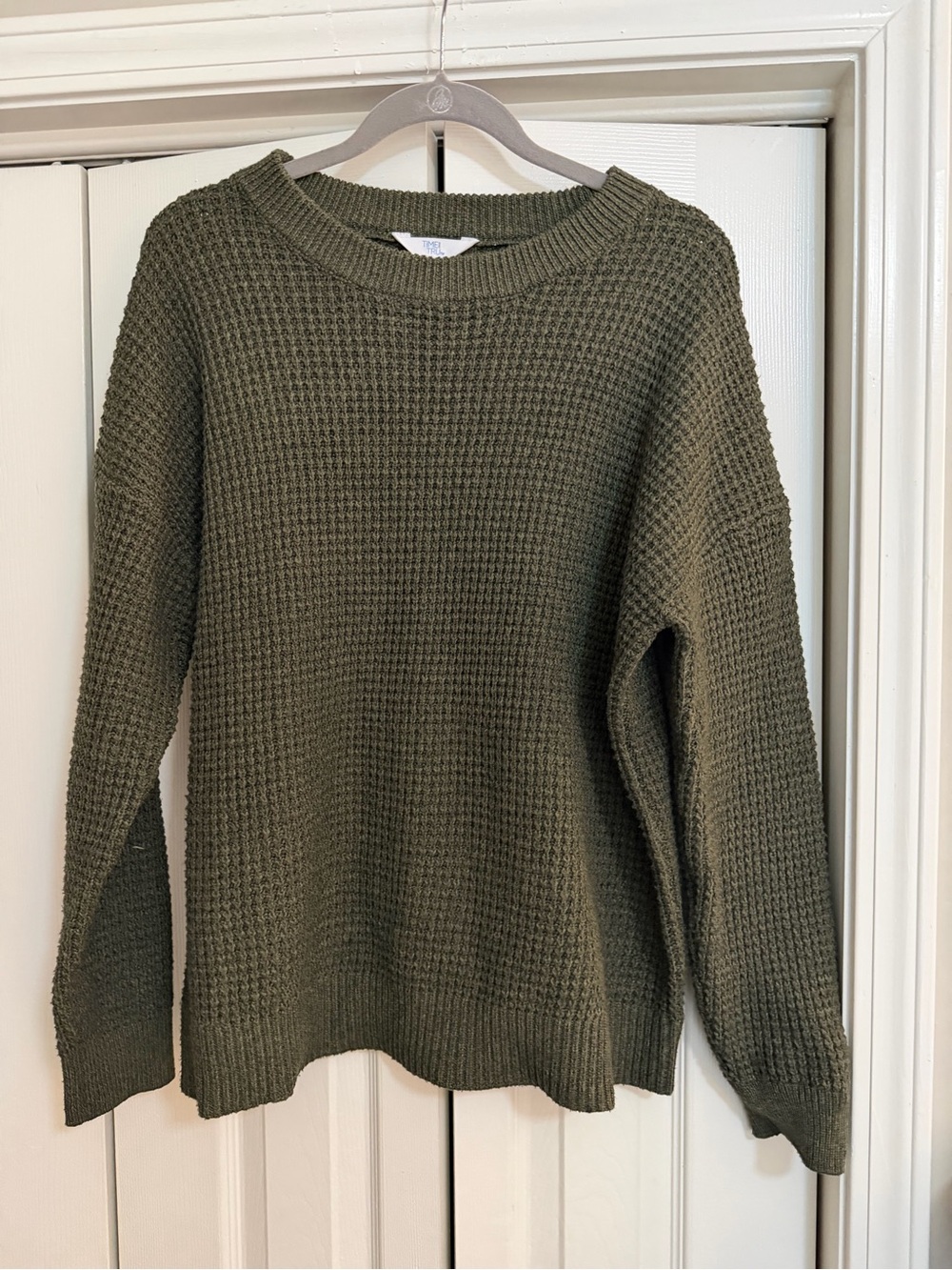 Time and Tru Olive Waffle-Knit Crewneck Sweater